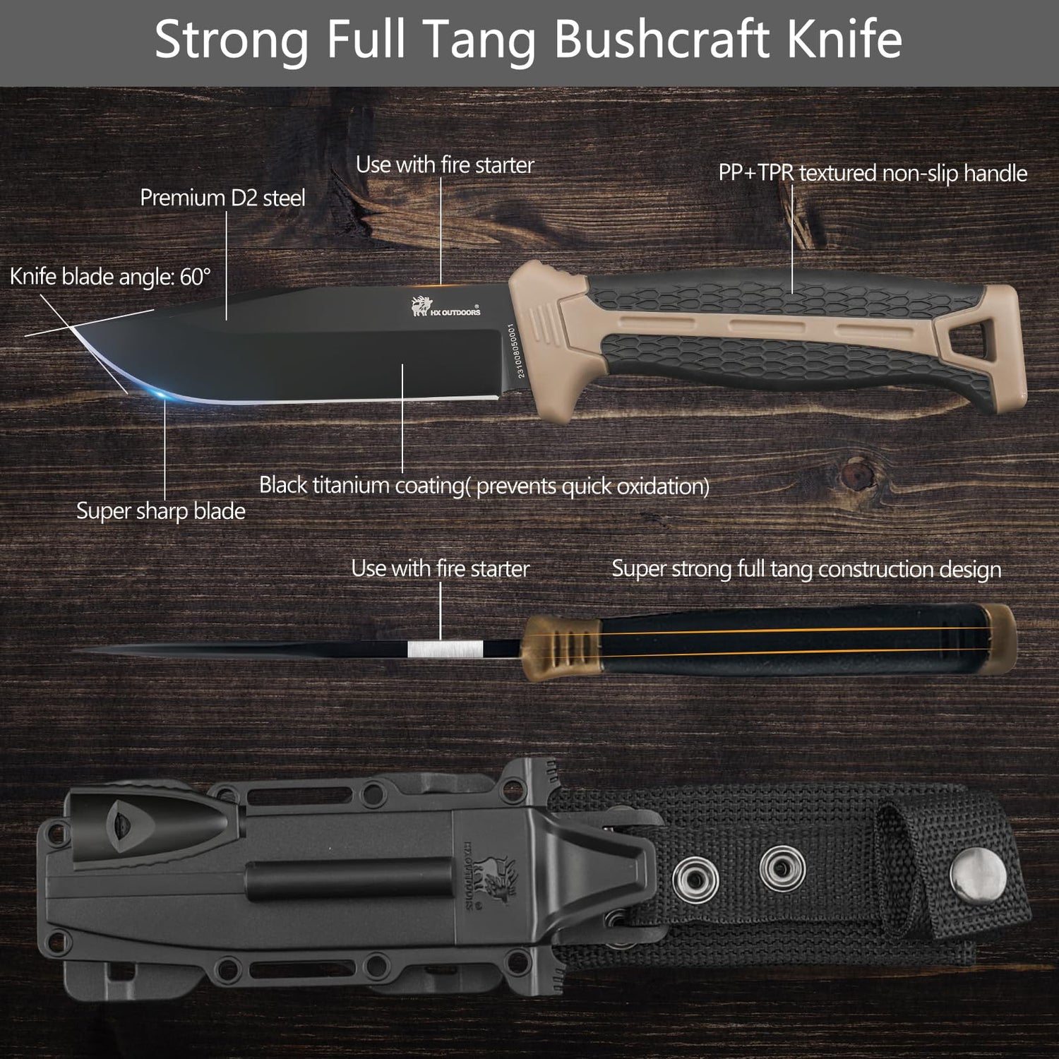 HX OUTDOORS Extra Sharp Bushcraft Knife with Fire Starter, Premium D2 Steel Fixed Blade Survival Camping Knife with Plastic Sheath for Outdoor, HX HX OUTDOORS