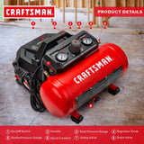 Craftsman Air Compressor, 1.5 Gallon 3/4 HP Max 135 PSI Pressure, 1.5 CFM@90psi and 2.2 CFM@40psi, Stainless Steel Portable Oil Free Maintenance Free Craftsman