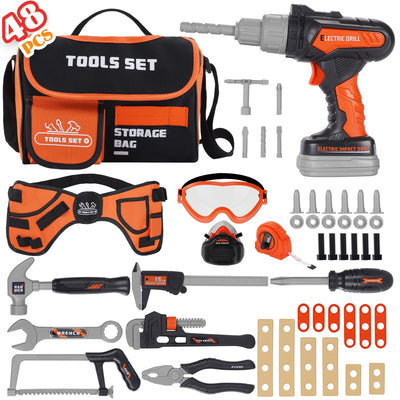 Kids Tool Set- 48PCS Toddler Tool Set Toys with Electronic Toy Drill, Tool Bag&Tool Belt&Tape Measure, Pretend Play Kids Construction Tool Kits Toy