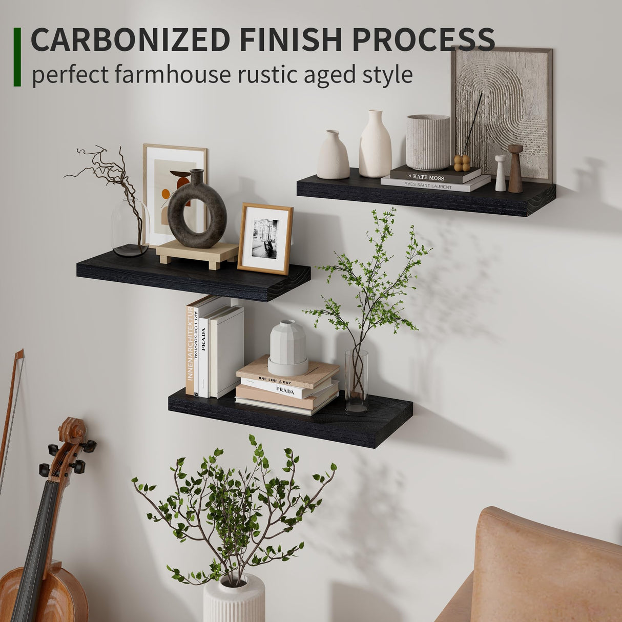 Marsmiles Black Floating Shelves, 17 Inch Wall Shelf Set of 3, Rustic Wood Shelves for Wall Storage, Wall Mounted Wooden Display Shelf for Bathroom Marsmiles