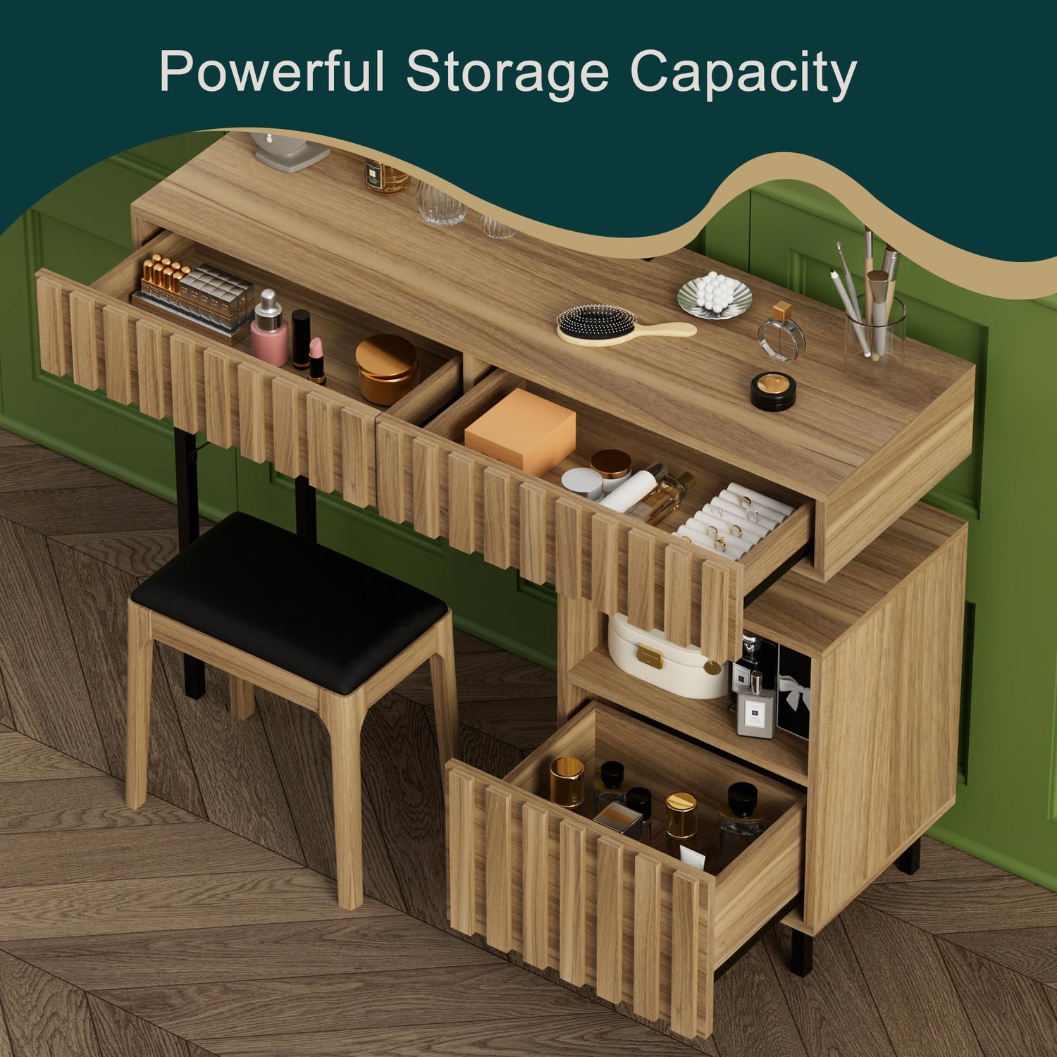 UEV Wood Vanity Desk with Mirror,Makeup Vanity Set with Drawer Chest,Vanity Dressing Table Makeup Desk Set with Storage Space for Bedroom(Wood) UEV