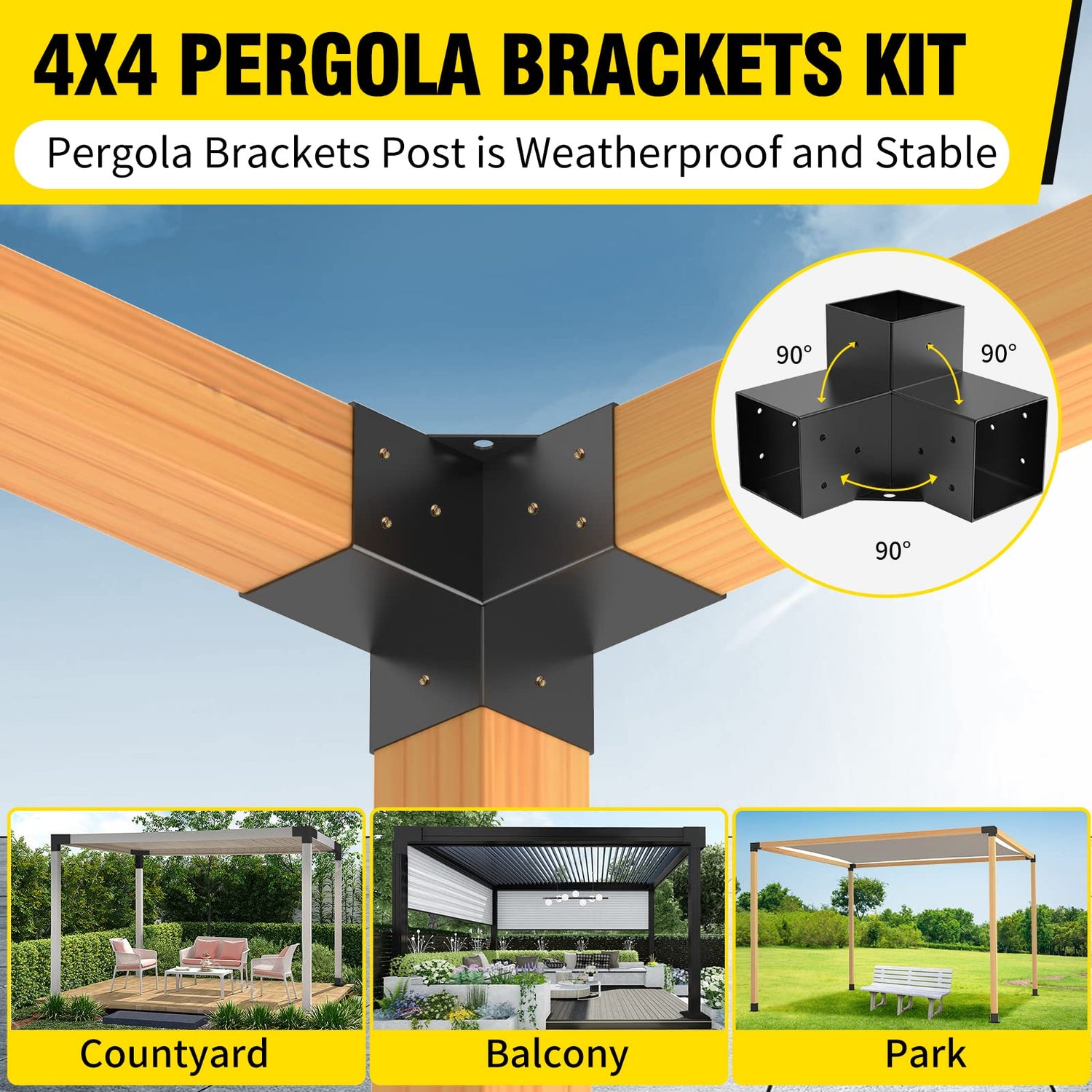 Woodworks Pergola pergola Brackets 3-Way Right Angle Corner Bracket DIY Elevated Wood Stand 4PACK with Screws for 4x4 (Actual: 3.5x3.5 Inch) Lumber Likeem