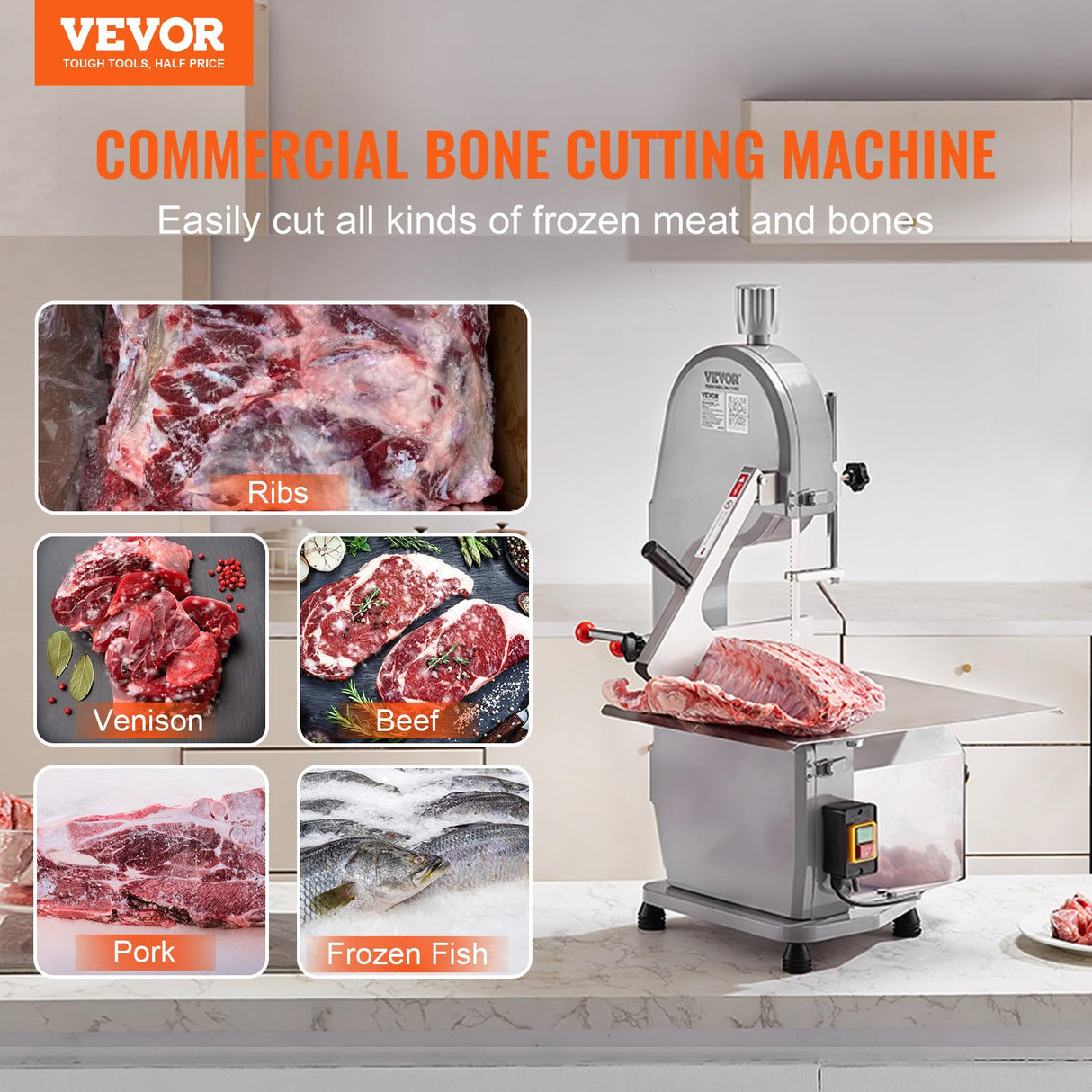 VEVOR Commercial Electric Meat Bandsaw, 1500W Stainless Steel Countertop Bone Sawing Machine, Workbeach 19.3" x 15", 0.16-7.9 Inch Cutting Thickness, VEVOR