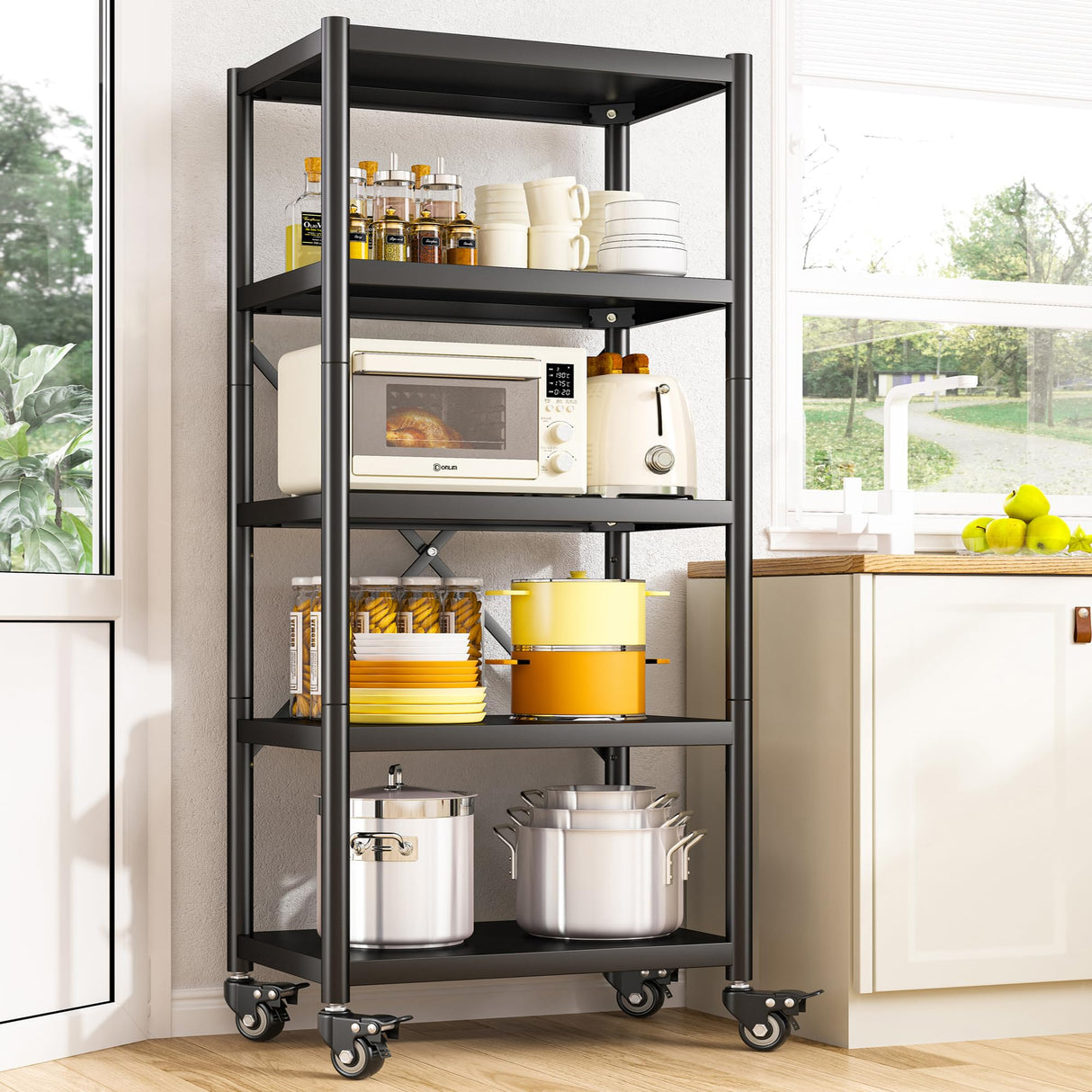 REIBII Storage Shelves for Storage Load 1160LBS,Adjustable Heavy Duty Metal Shelving Unit with Wheels 5-Tier Pantry Shelves Kitchen Shelf Garage REIBII