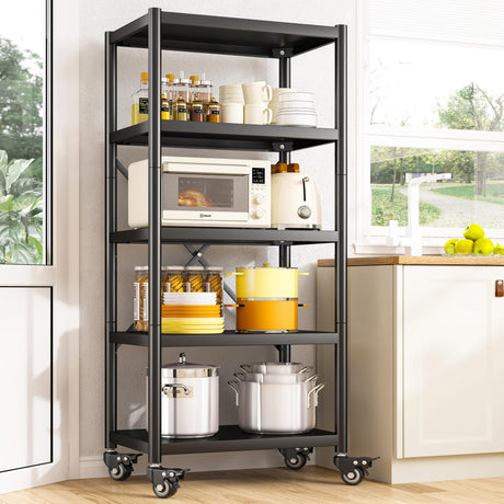 REIBII Storage Shelves for Storage Load 1160LBS,Adjustable Heavy Duty Metal Shelving Unit with Wheels 5-Tier Pantry Shelves Kitchen Shelf Garage REIBII