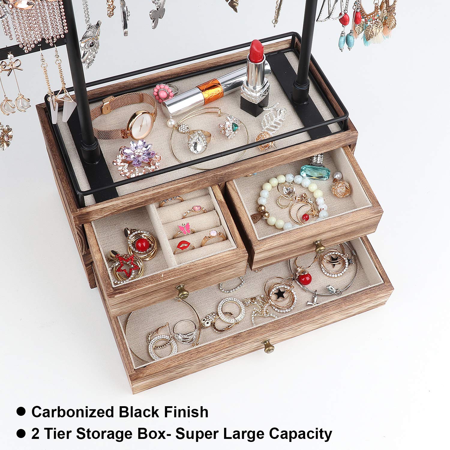 Jewelry Organizer - 2 Layer Wooden Jewelry Drawer Storage Box with 6 Tier Jewelry Tree Stand, Jewelry Display for Necklaces Bracelet Earring Ring Olakee