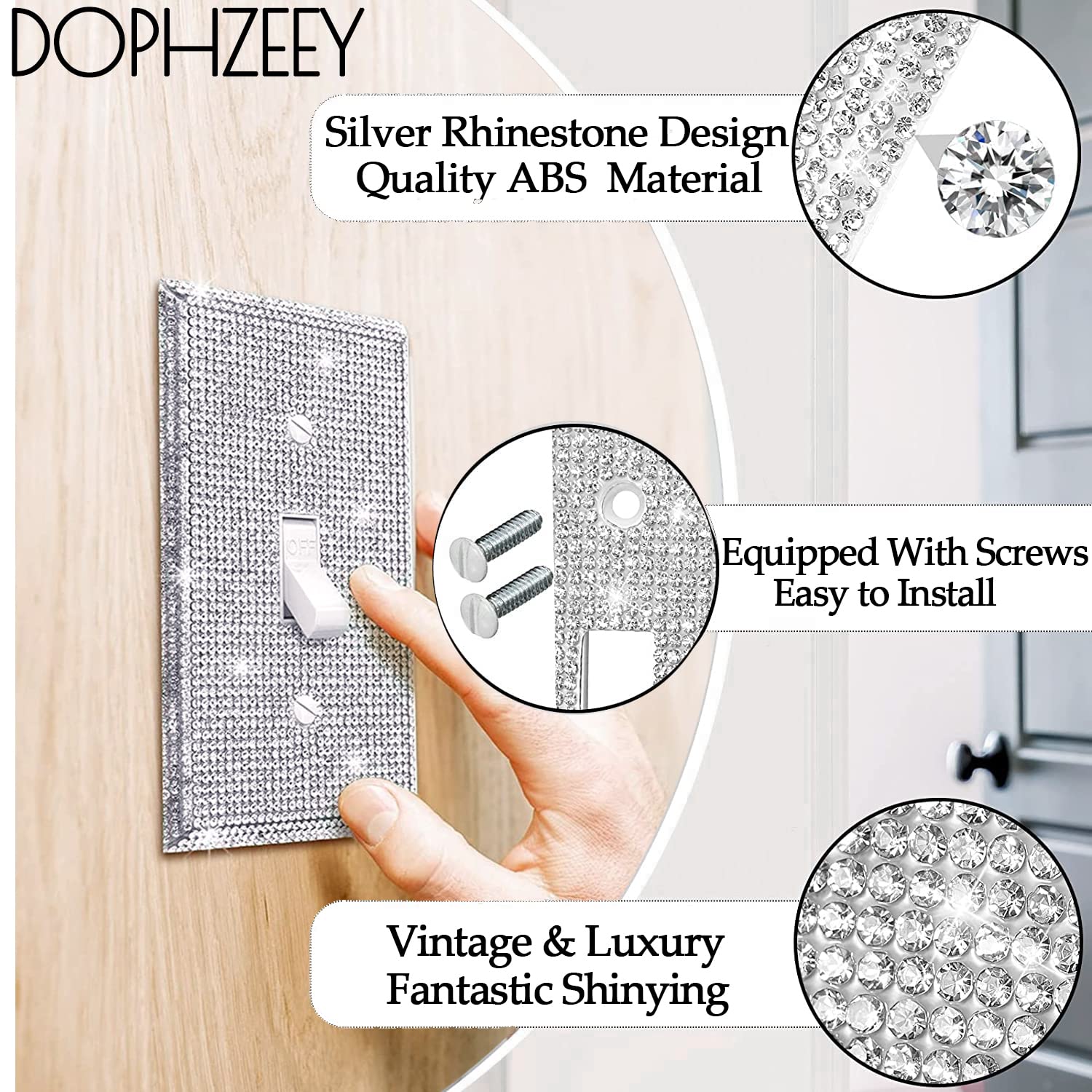 4 Pack Silver Shiny Rhinestones Wall Plates Bling Light Switch Cover Plate Crystal Decorative Diamond Outlet Covers Durable Switch Covers Decor for DOPHZEEY