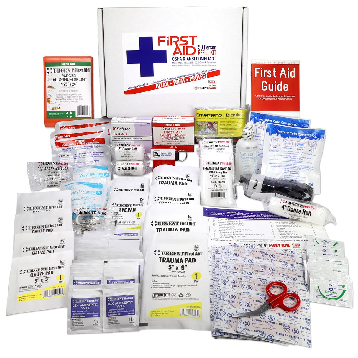 OSHA & ANSI First Aid Kit Refill/Upgrade, 50 Person, 208 Pieces, ANSI 2021 Class B - Includes Splint, Tourniquet, Tools, Single dose and More: Fill Urgent First Aid