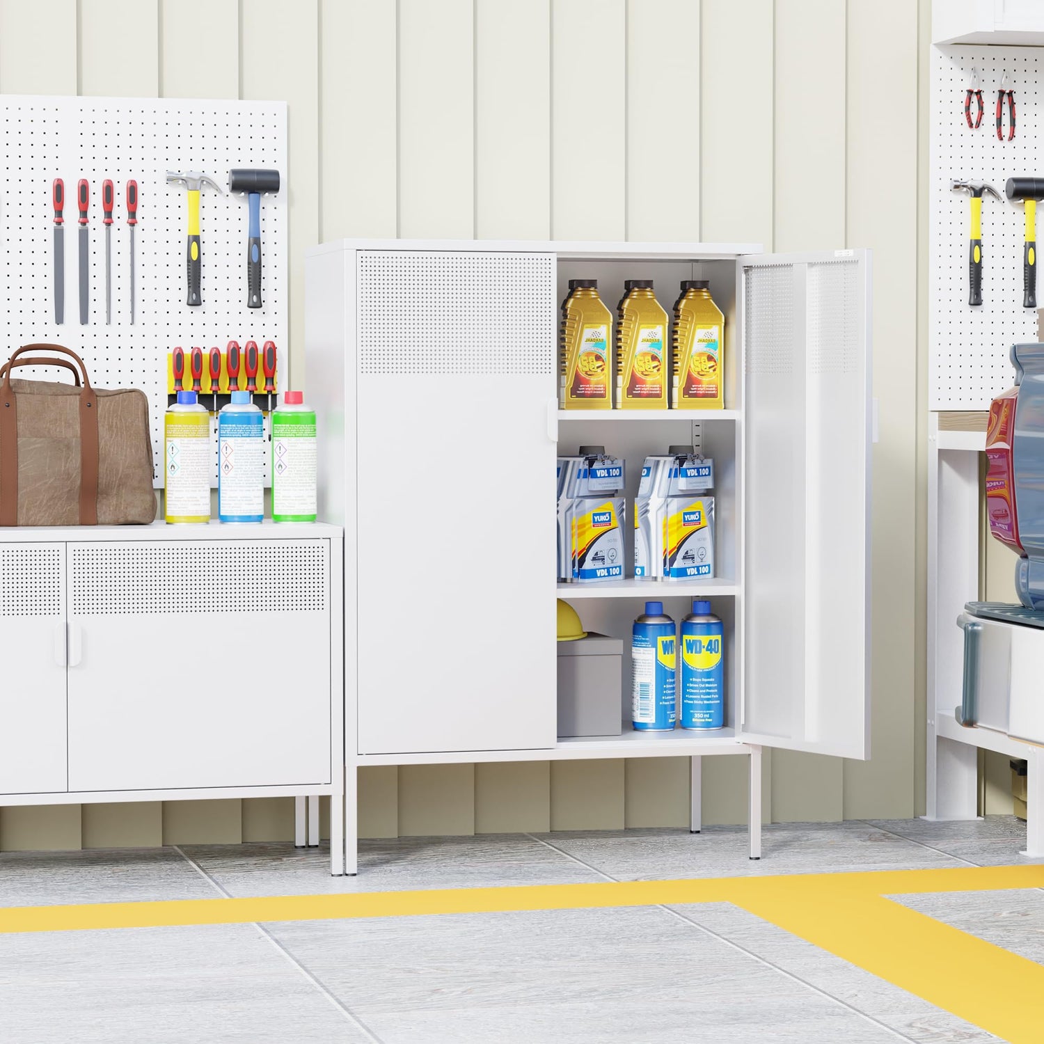 Washsemba Metal Storage Cabinet with Doors and Shelves, White Metal Cabinet, 3-Tier Office Cabinet,Metal Locker Storage Cabinet for Office, Home, Washsemba