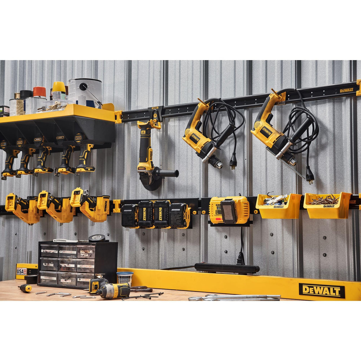 DEWALT Tool Organizer for Power Tools, 10 Pieces, Includes Metal Rails, Tool Holsters, Magnetic Power Strip and Battery Organizer, DEWALT Workshop DEWALT