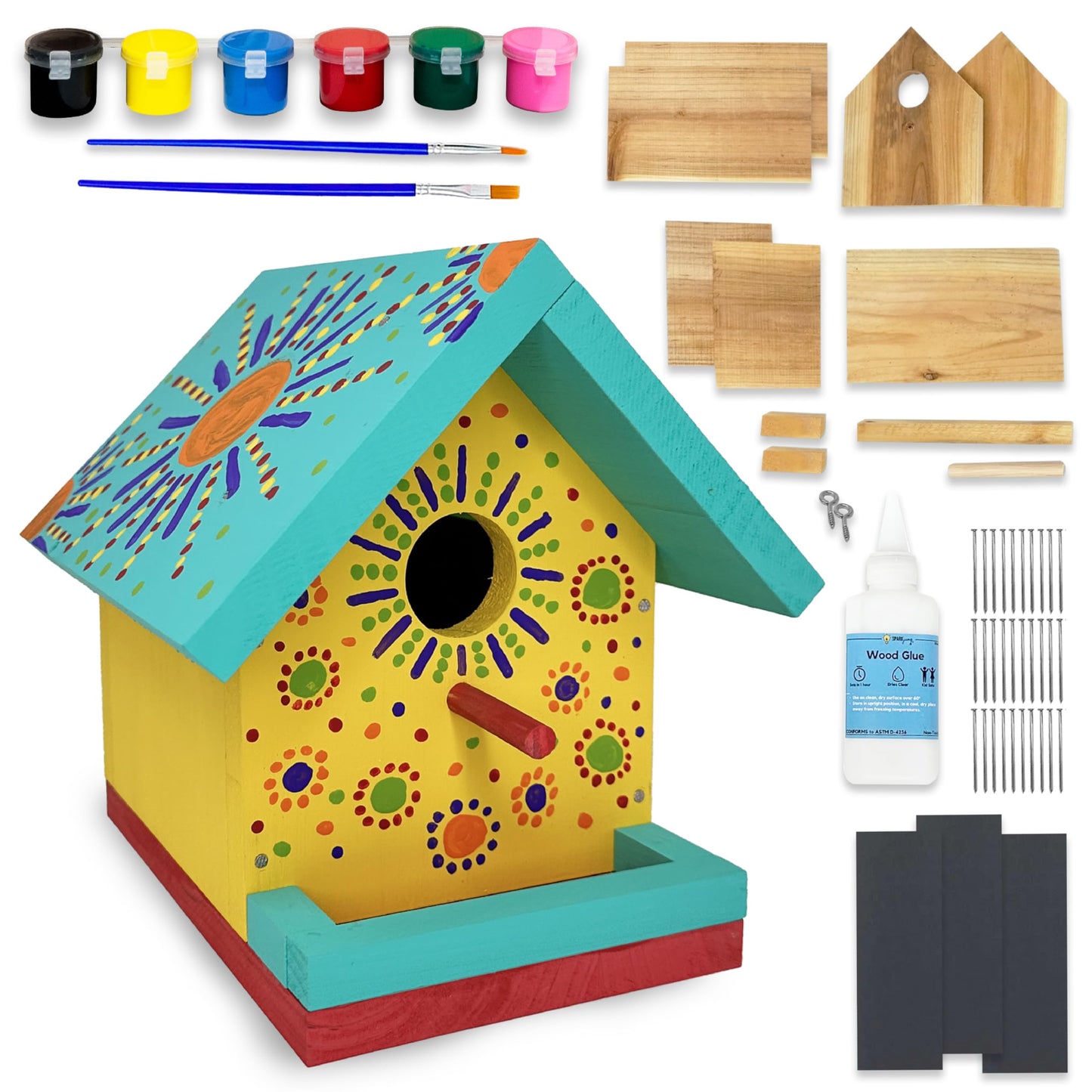 SparkJump Jr Bird House Kit | DIY Birdhouse Kits Made of Cedar Wood for Outdoors | Birdhouse Kits for Kids and Adults with Paint | Bird House Making