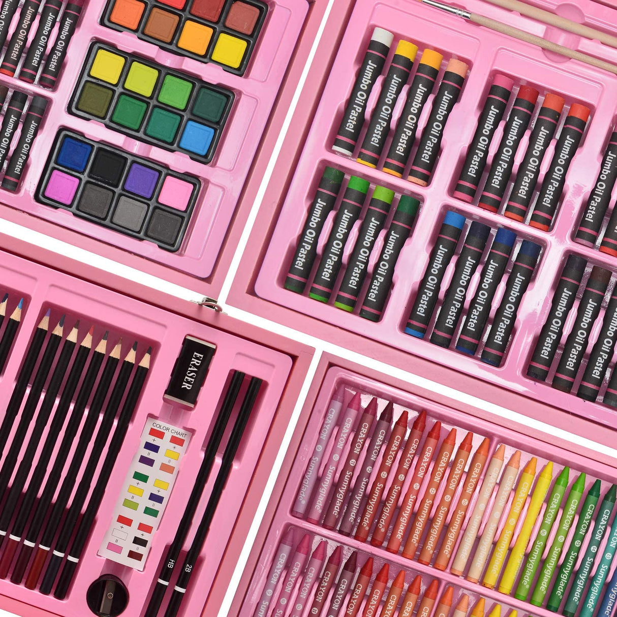 Sunnyglade 145 Piece Deluxe Art Set, Wooden Art Box & Drawing Kit with Crayons, Oil Pastels, Colored Pencils, Watercolor Cakes, Sketch Pencils, Paint Sunnyglade