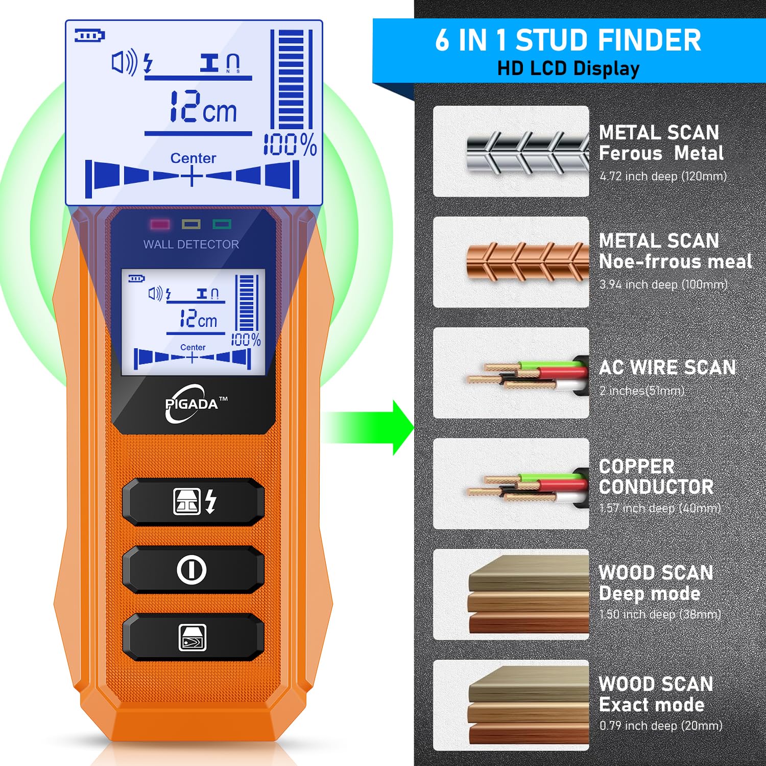 Stud Finder up to 4.7inch Contain Protecting Pouch,Wall Scanner 6 in 1 Beam Finders with Intelligent Microprocessor Chip, Audio Alarm and HD LCD PIGADA