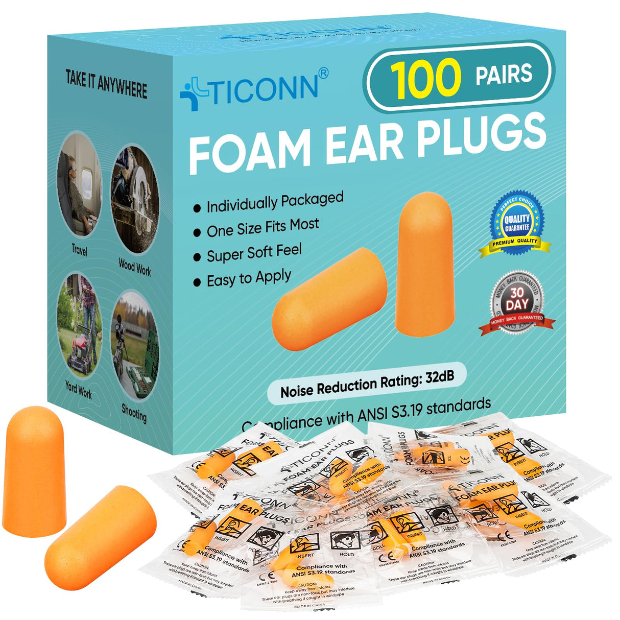 TICONN 100 Pairs Foam Ear Plugs for Sleeping Noise Cancelling, 32dB NRR Earplugs for Hearing Protection Travel Study Construction (100 Pairs) TICONN