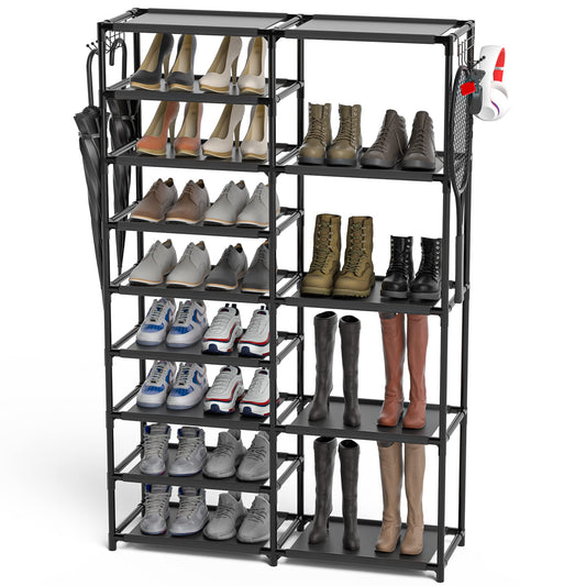 CSXGBAB Tall Garage Shoe Rack Large Capacity,Two Rows Versatile Hooks Storage Boot Shelf Black 24-35 Pairs