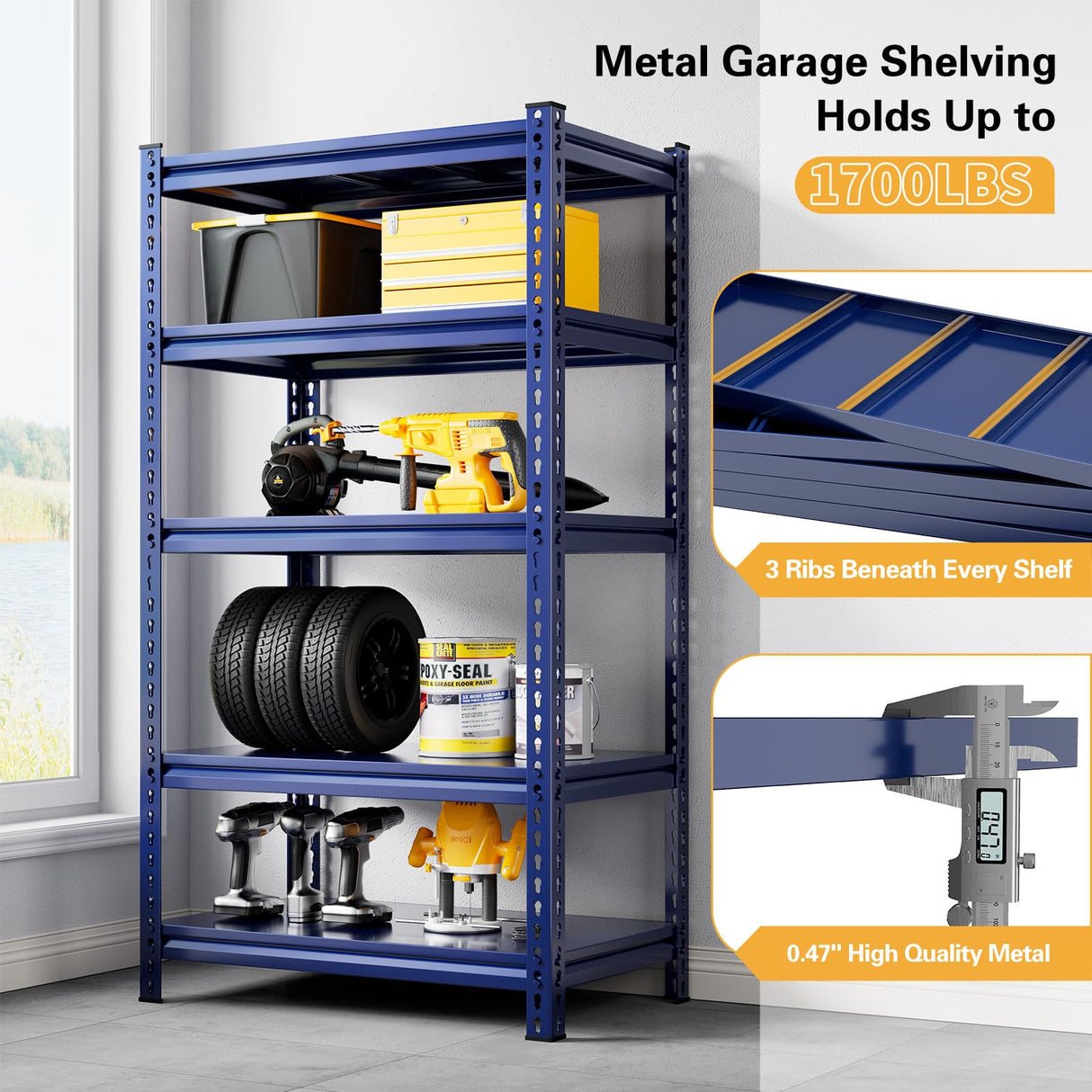 REIBII 72" Garage Shelving Heavy Duty Storage Shelves Holds 1700 LBS Adjustable 5-Tier Metal Shelving Units and Storage Rack Heavy Duty Shelving REIBII