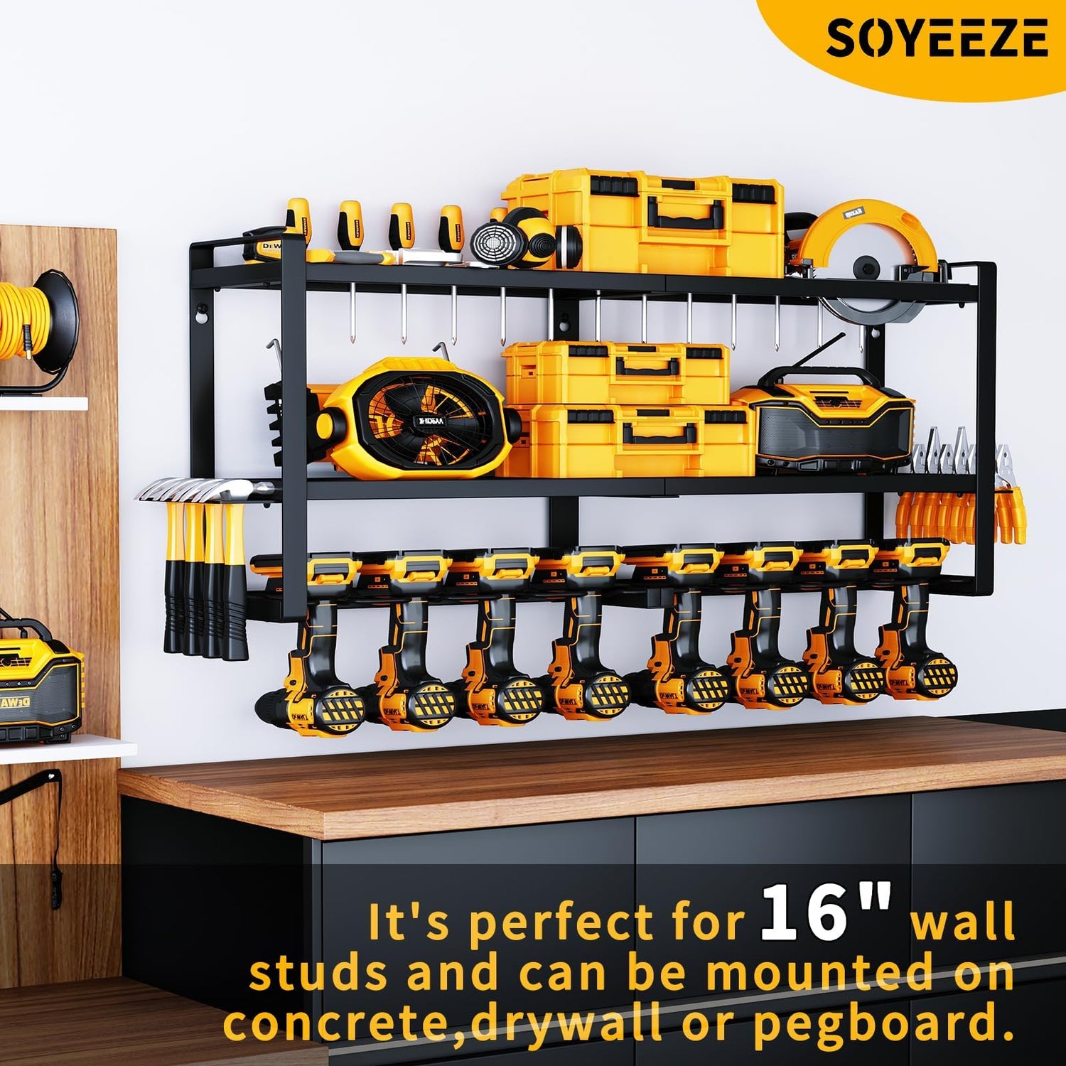 SOYEEZE Power Tool Organizer & Storage Wall Mount - Heavy Duty Metal 8 Drill Holder, 3 Layer Premium Garage Utility Power Tool Rack &Tool Shelf，Great SOYEEZE
