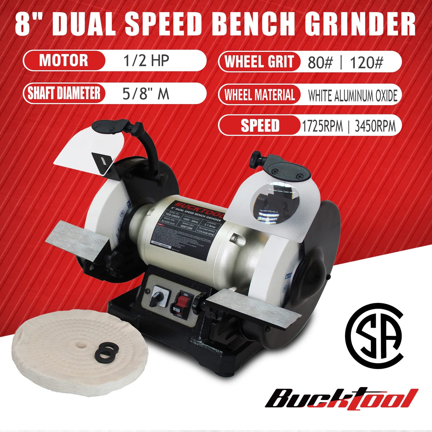 BUCKTOOL 8 inch Dual Speed Bench Grinder & Buffer, Professional Low High Speed Bench Grinder Buffer with Cast Iron Base TDS-200DS Bucktool