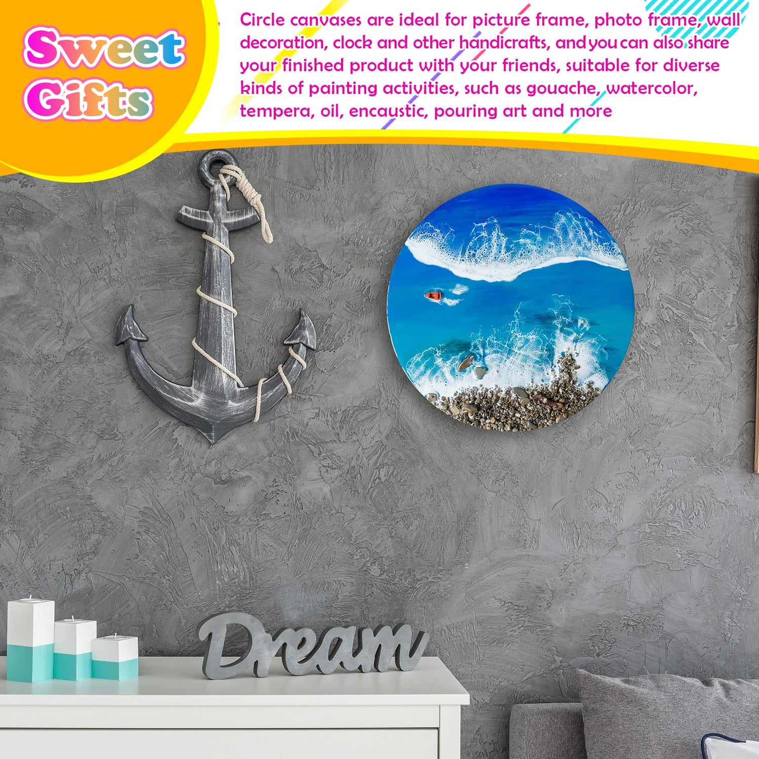 Geelin 6 Pcs Round Wood Canvas Panels for Painting 8 Inch/12 Inch Circle Unfinished Wood Panels Round Cradled Wooden Board Wood Tray for Oil Pouring Geelin