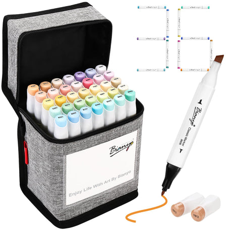 Bianyo 36 Pastel Colors Alcohol Markers Set, Alcohol-Based Dual Tip Art Markers Set with Black Travel Case with a Designable Card for Coloring, Bianyo