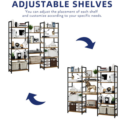 NUMENN Triple Wide 5 Tier Rustic Industrial Bookshelf with 14 Open Display Shelves - WoodArtSupply