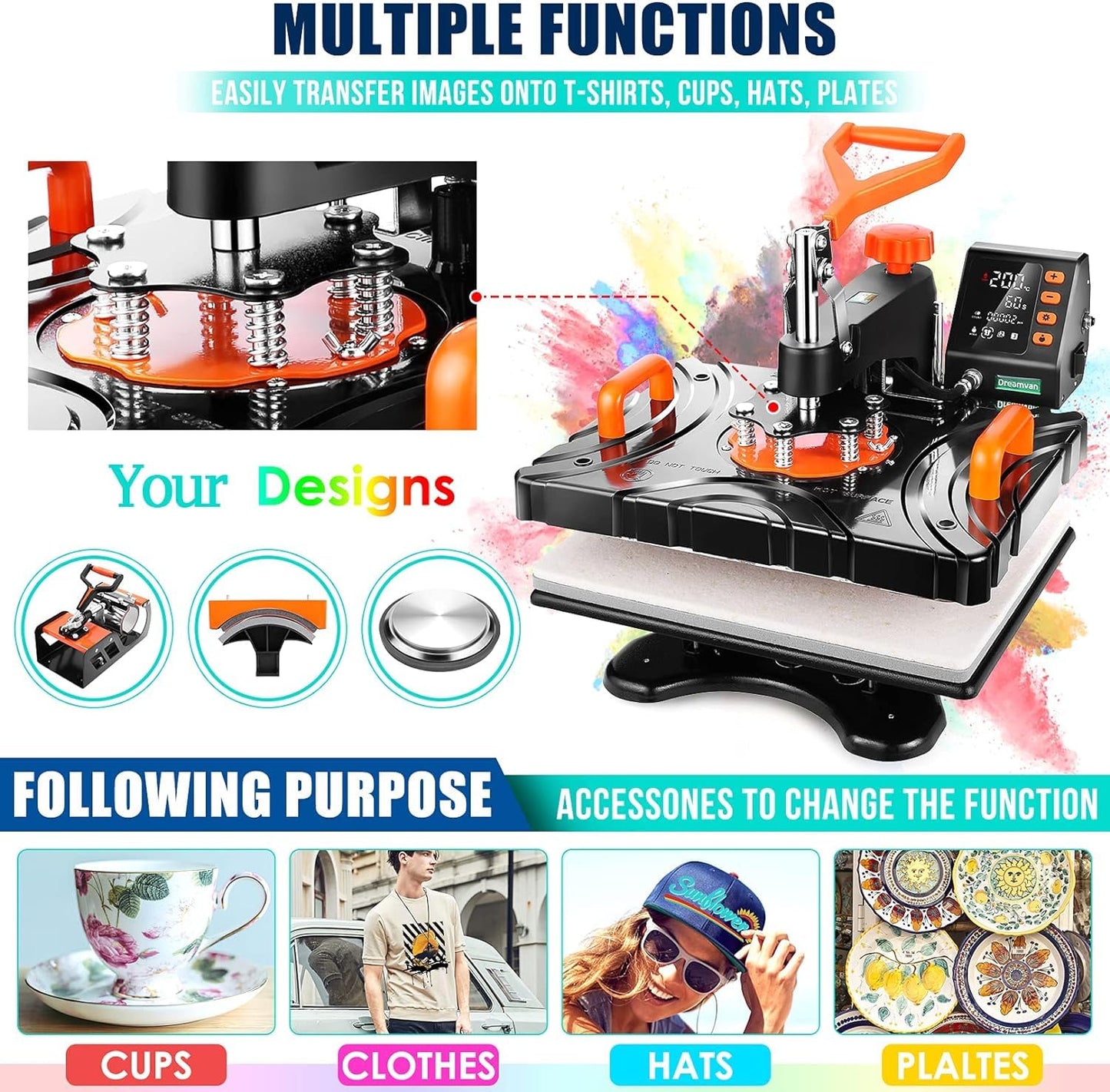 WHUBEFY Heat Press, Heat Press Machine for T Shirts,15" x 12" Heat Press Tshirt Press Machine 8 in 1 Multifunction Shirt Press Sublimation for Shirts