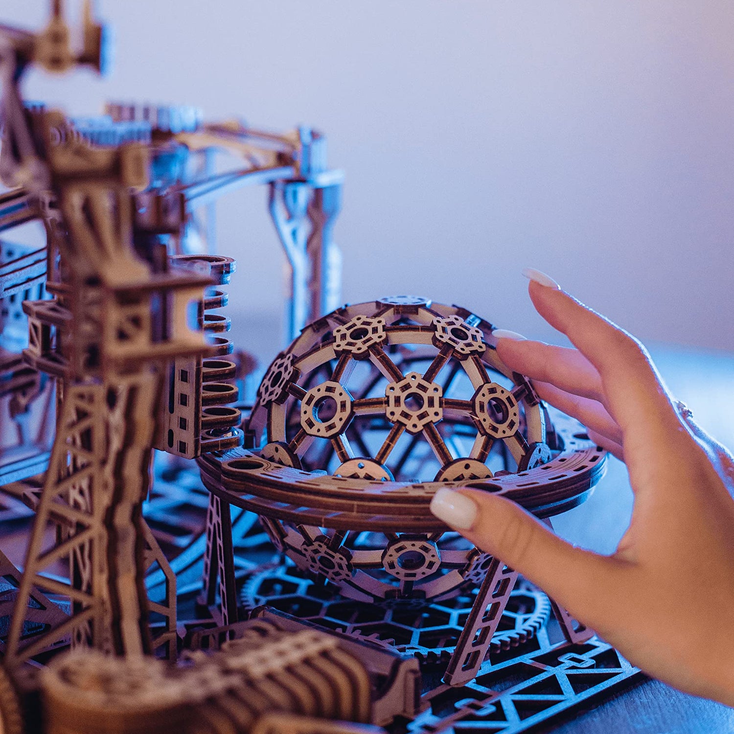 Wood Trick Wooden Marble Run 3D Wooden Puzzles for Adults and Kids to Build - 15x14 in - Electric Driven - Roller Coaster Wooden Model Kits for Wood Trick