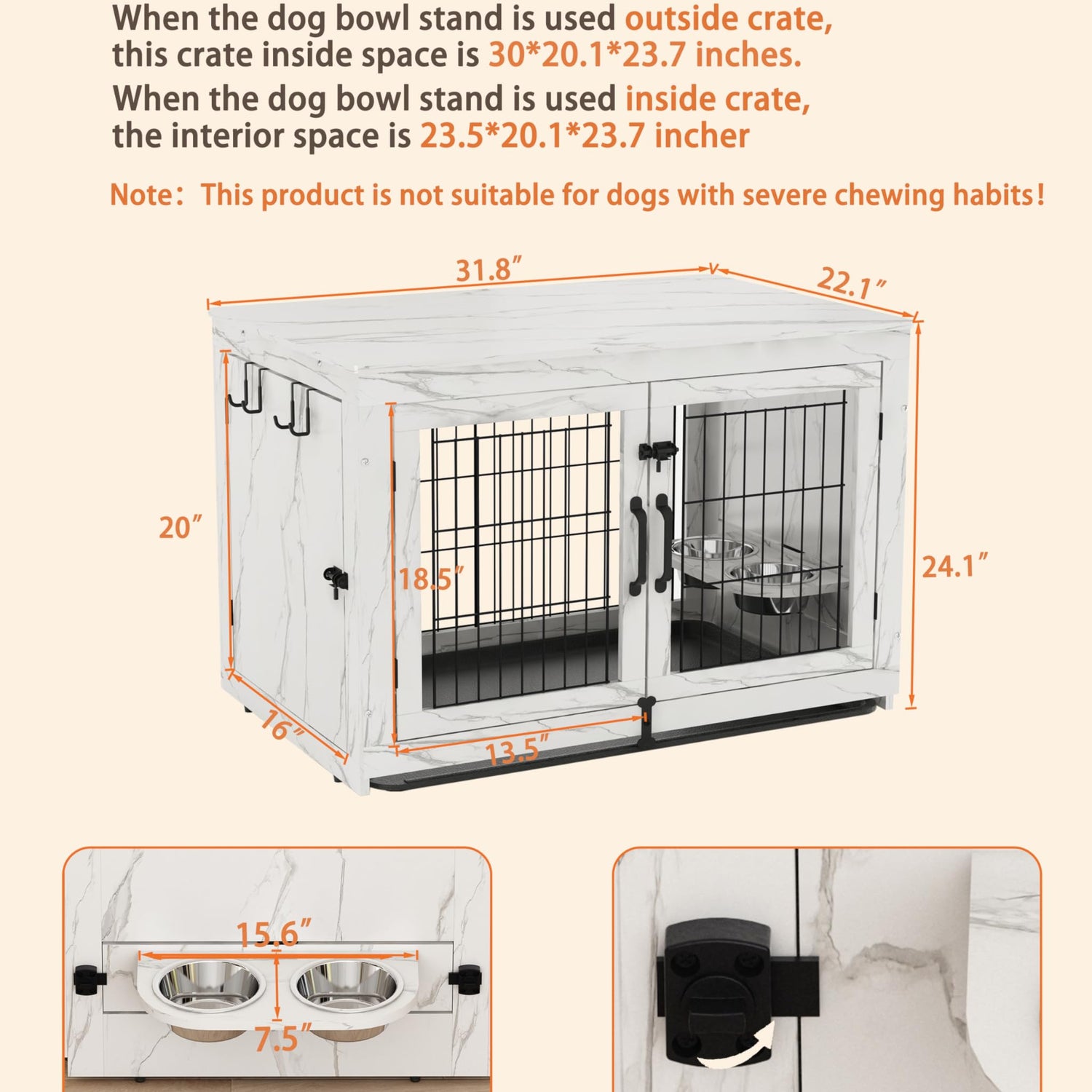 Piskyet Wooden Dog Crate Furniture with 360°Rotatable Removable Dog Bowls, Dog Crate End Table with Tray, Double Doors Dog Kennels for Medium Dogs Piskyet