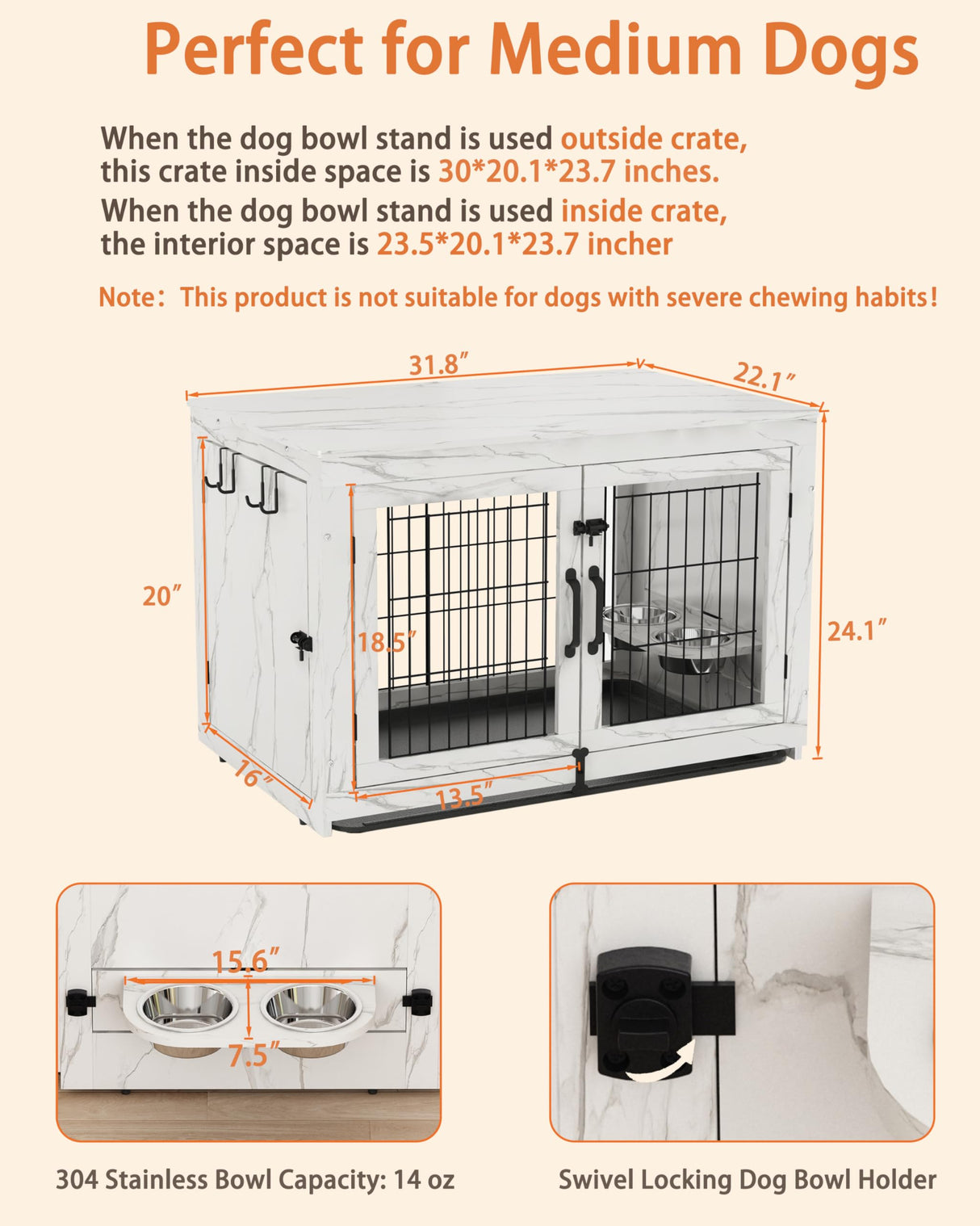 Piskyet Wooden Dog Crate Furniture with 360°Rotatable Removable Dog Bowls, Dog Crate End Table with Tray, Double Doors Dog Kennels for Medium Dogs Piskyet