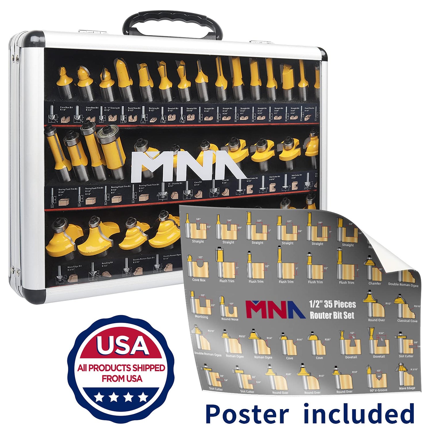 MNA Router Bits 35 Pcs Set, 35 Pieces 1/2 Inch Shank Router Bit Kit. American Router Bit Set Complete Set. MNA