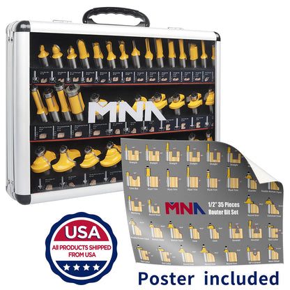 MNA Router Bits 35 Pcs Set, 35 Pieces 1/2 Inch Shank Router Bit Kit. American Router Bit Set Complete Set. - WoodArtSupply