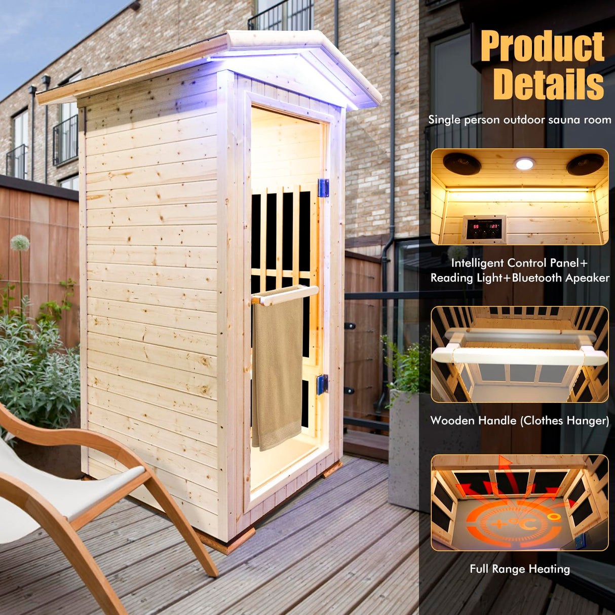 OUTEXER Outdoor Far Infrared Sauna Wooden Saunas Spa 1300W Low-EMF Dry Sauna Room for One Person Finland Spruce Wood OUTEXER