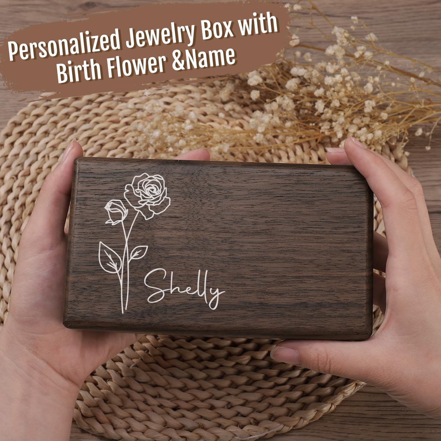Zhamate Personalized Gifts for Women Girls-Custom Jewelry Box Wooden with Birth Flower Name, Birthday Gifts, Wedding Gift for Bridesmaids, Mom Gifts Zhamate