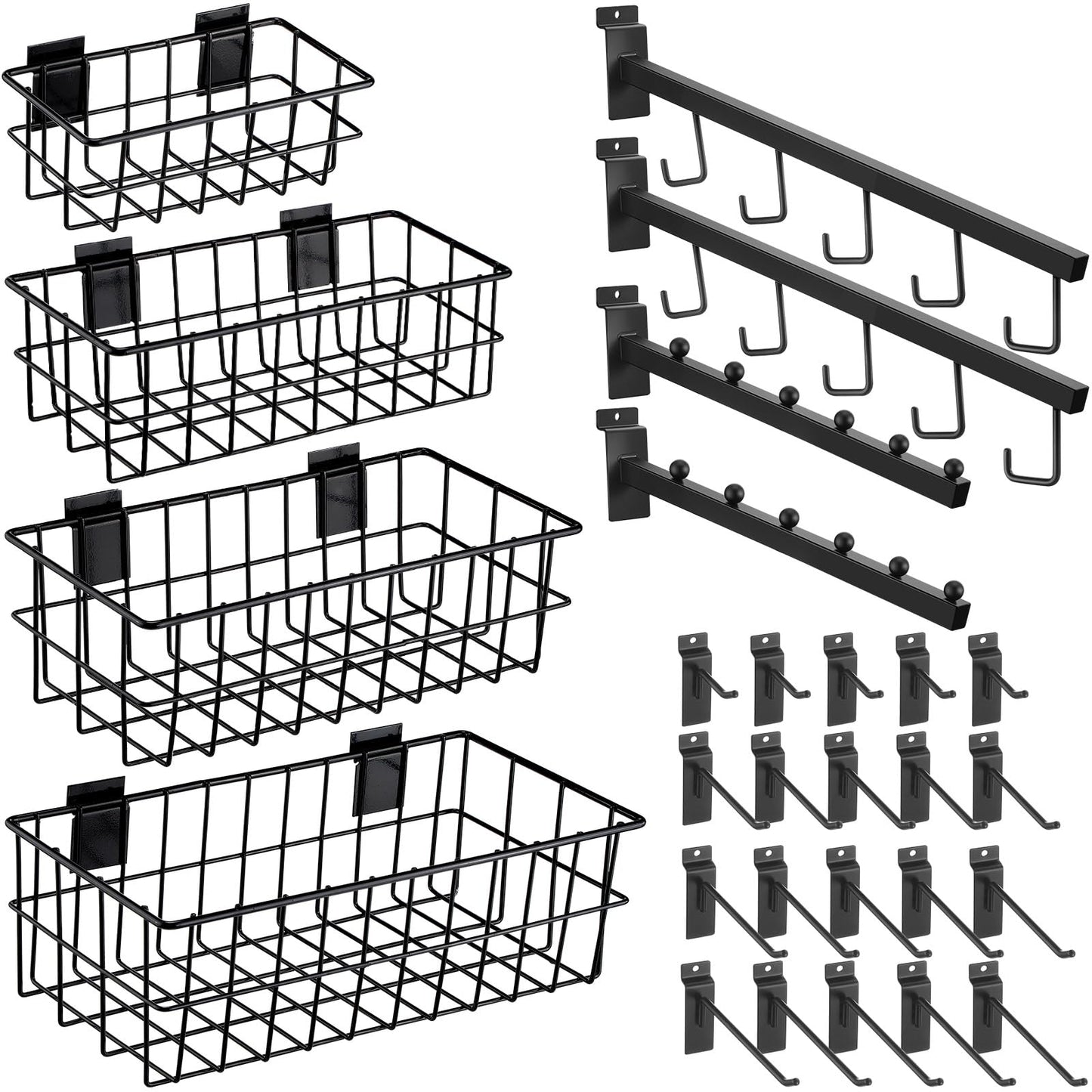 Zonon 28 Pcs Black Metal Slatwall Hooks Accessories Set Including Slatwall Baskets Waterfall Rectangular Tube 5 Hook 6 Ball Waterfall Hook Multisized - WoodArtSupply