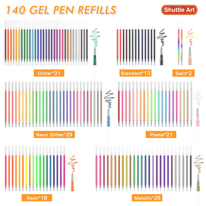 Shuttle Art Gel Pens Bundle, 120 Unique Colors (No Duplicates) Gel Pens Set + 140 Gel Pen Refills, 7 Color Types for Kids Adults Coloring Books