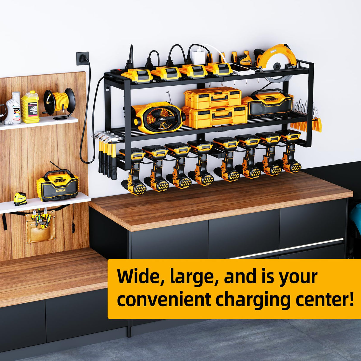 SOYEEZE Power Tool Organizer with Charging Station- Garage 8 Drill Holder Built in 8 Outlet Power Strip (DRILLDOCK PRO) SOYEEZE