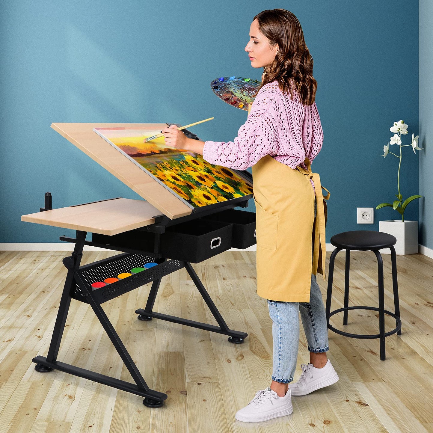 ZENY Drafting Table Art Desk Drawing Table Height Adjustable Artist Table Tilted Tabletop w/Drafting Stool and Storage Drawer for Reading, Writing,