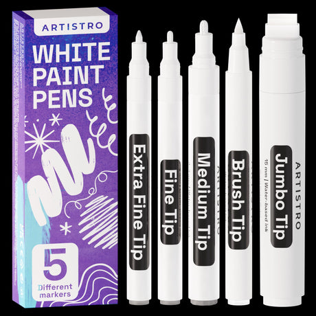 ARTISTRO 5 White Markers Different Tips - Acrylic Markers with 15mm Jumbo, 0.7mm Extra Fine Tip, 1mm Fine Tip, 3mm Medium, Brush tip for Murals, ARTISTRO