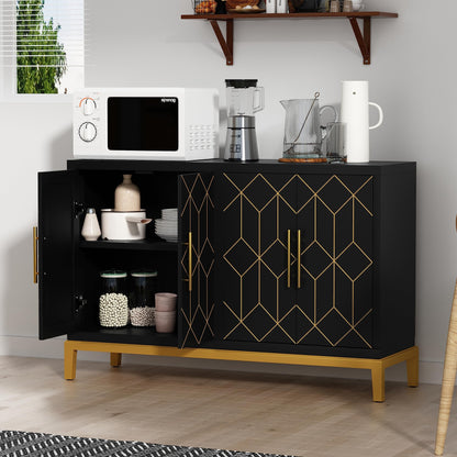 HLR Accent Cabinet with 4 Doors&Shelves, Sideboard Buffet Cabinet with Gold Trim, Modern Black Storage Cabinet for Living Room, Entryway, Kitchen, - WoodArtSupply