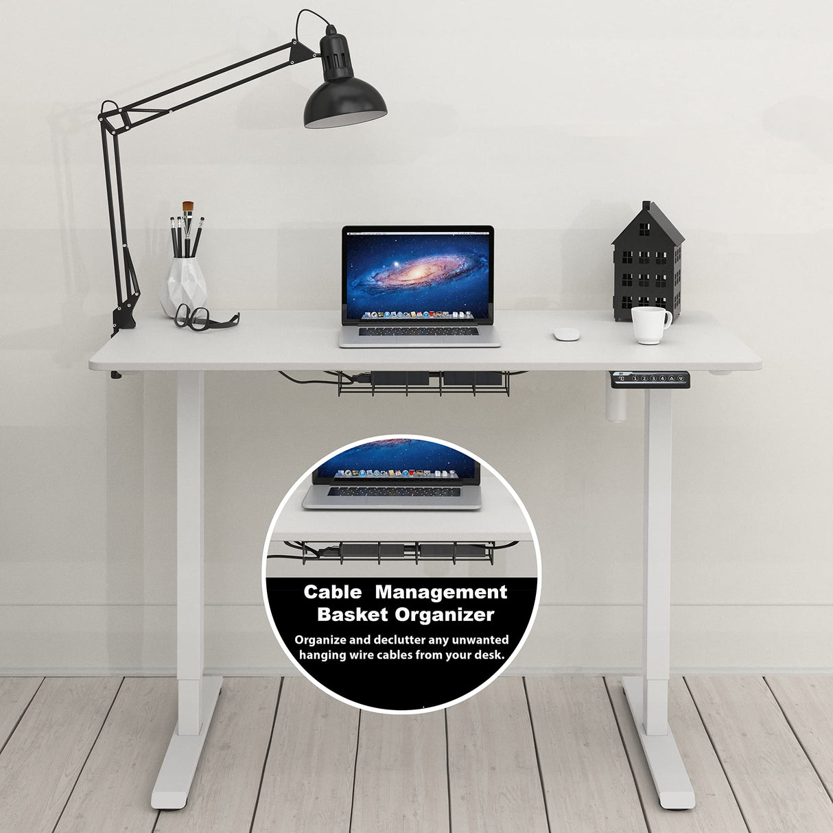 SHW Electric Height Adjustable Sit Stand Desk with Hanging Hooks and Cable Management, 48 x 24 Inches, White Frame and White Top SHW