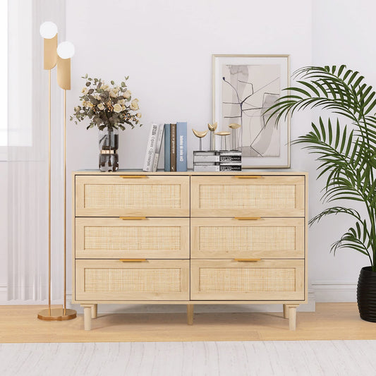 FUQARHY Rattan Dresser for Bedroom, Modern 6 Drawer Double Dresser with Gold Handles, Wood Storage Chest of Drawers for Bedroom,Living Room,Hallway