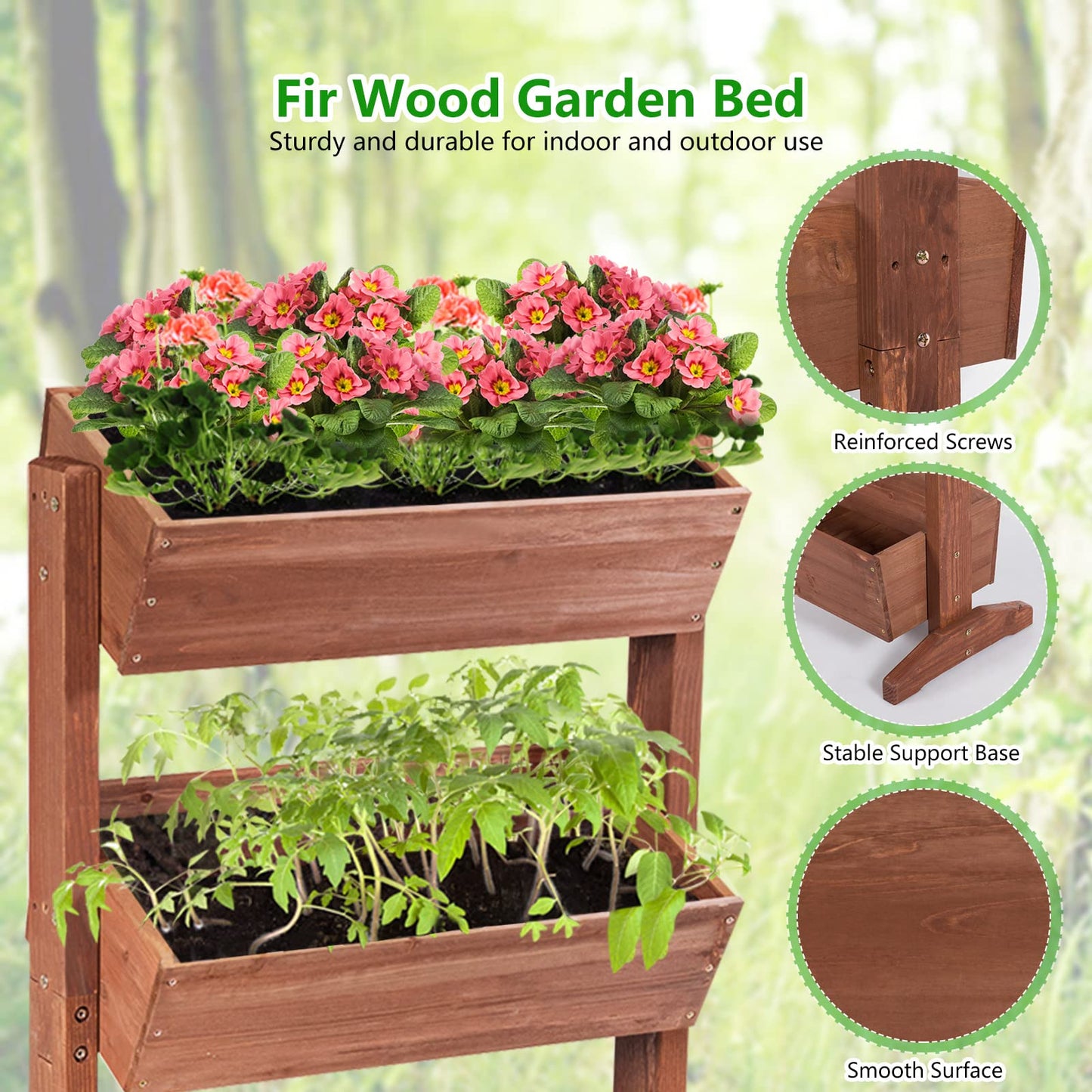 S AFSTAR Wooden Vertical Raised Garden Bed, 3 Tiers Tiltable Elevated Garden Planter w/3 Drainage Container Boxes & Tiltable Planter, Standing