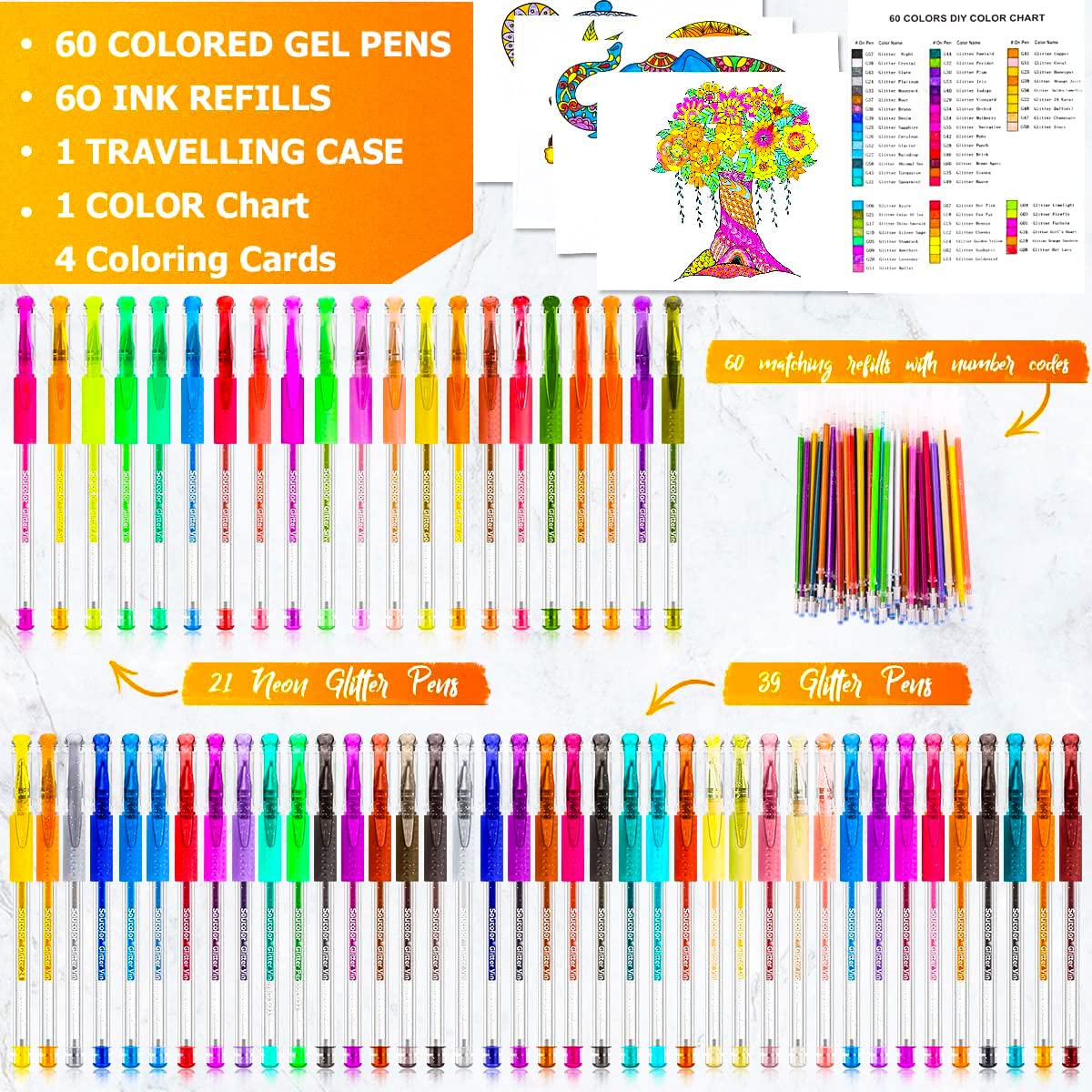Aen Art Glitter Gel Pens Colored Fine Tip Markers with 40% More Ink for  Adult Coloring Books, Drawing and Doodling (24 Colors)