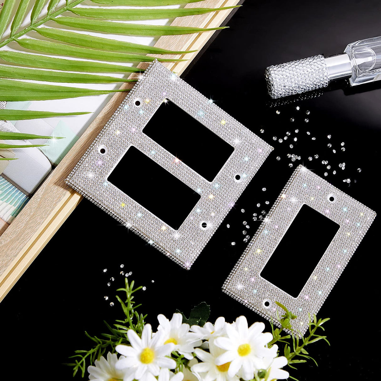 Bling Rhinestones Wall Plate Cover 2 Pcs Crystal Light Switch Cover Single 2 Gang Outlet Covers Shiny Faux Diamond Switch Plate Covers Duplex Outlet Yookeer