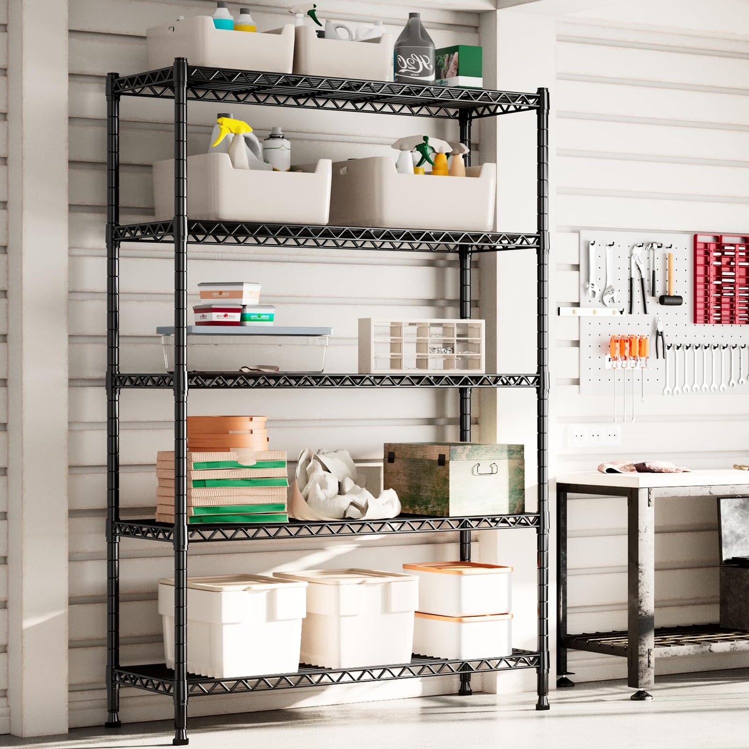 REIBII Wire Shelving Rack with Wheels Storage Shelves with Wheels 73.6" H Metal Shelving Unit Load 1750LBS Adjustable 5 Tier Metal Shelves for REIBII