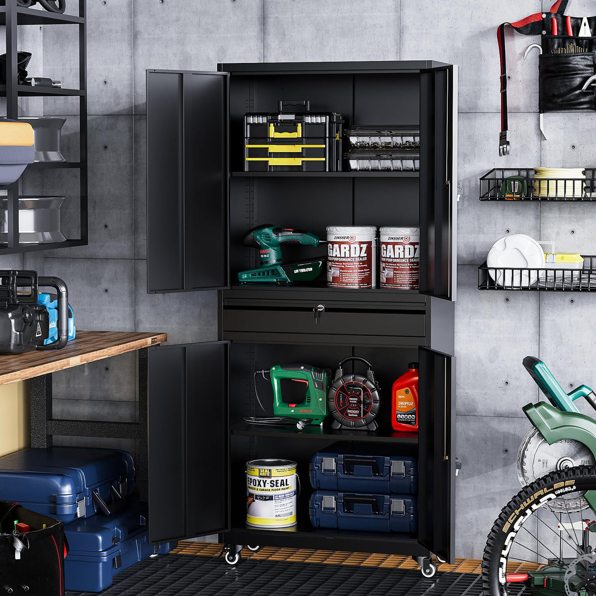 STANI Metal Garage Storage Cabinets with Drawer, 4 Doors Tool Storage Cabinet with 2 Adjustable Shelves, 72"-Rolling Steel Locking Cabinet for Garage STANI