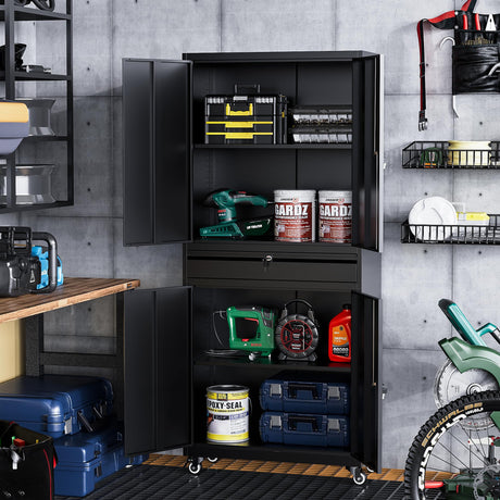 STANI Metal Garage Storage Cabinets with Drawer, 4 Doors Tool Storage Cabinet with 2 Adjustable Shelves, 72"-Rolling Steel Locking Cabinet for Garage STANI