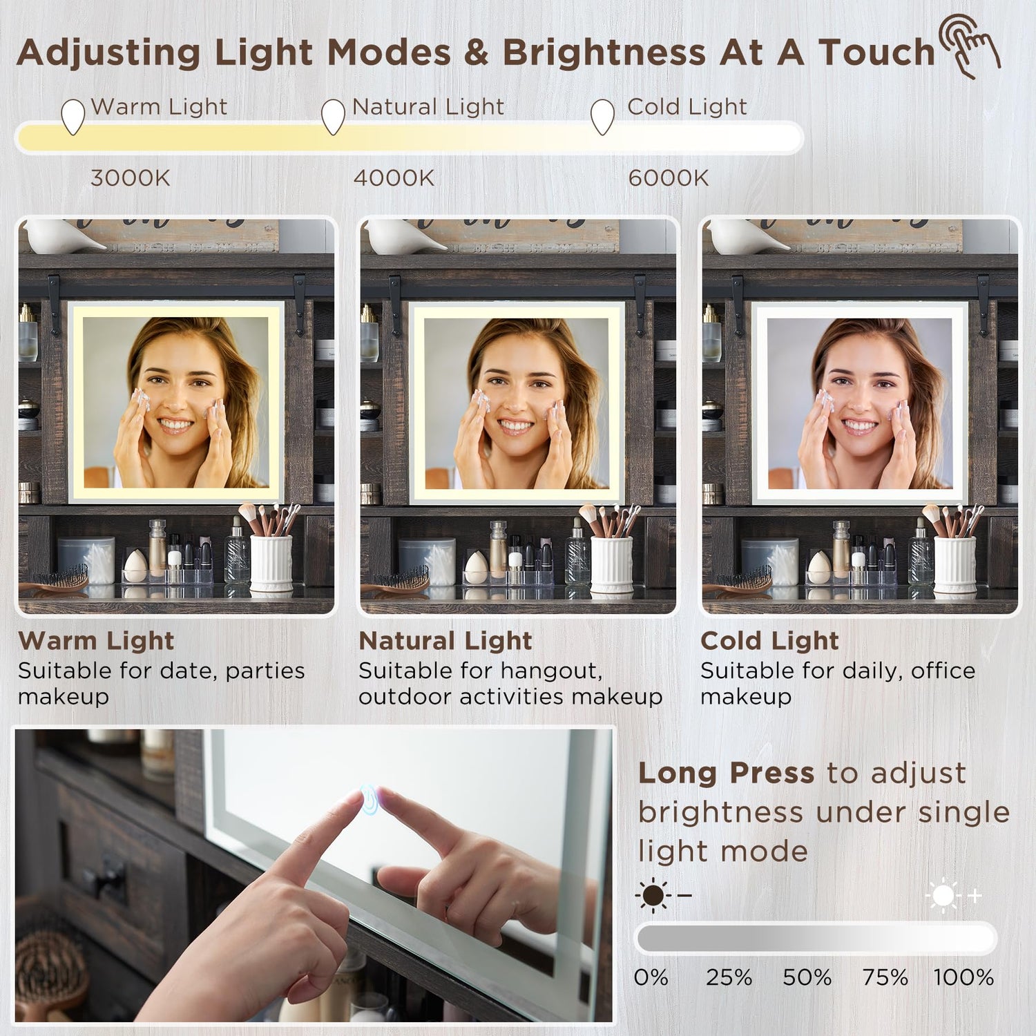 T4TREAM Farmhouse Makeup Vanity Desk with Sliding Mirror and Lights, 42'' Glass Tabletop Vanity Table with 2 Drawers & Shelves, Rustic Big Vanity Set T4TREAM