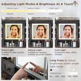 T4TREAM Farmhouse Makeup Vanity Desk with Sliding Mirror and Lights, 42'' Glass Tabletop Vanity Table with 2 Drawers & Shelves, Rustic Big Vanity Set T4TREAM