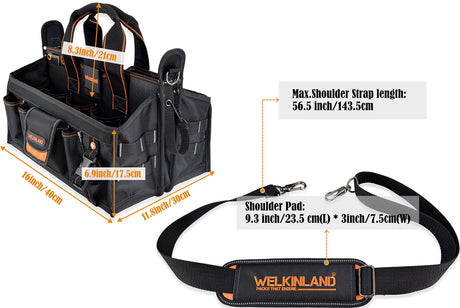19-POCKETS Tool tote, Tool bag organizer, Electrician tool bag, HVAC tool bag, Tool caddy, Tool bags for electricians, Tool tote bag w/socket WELKINLAND